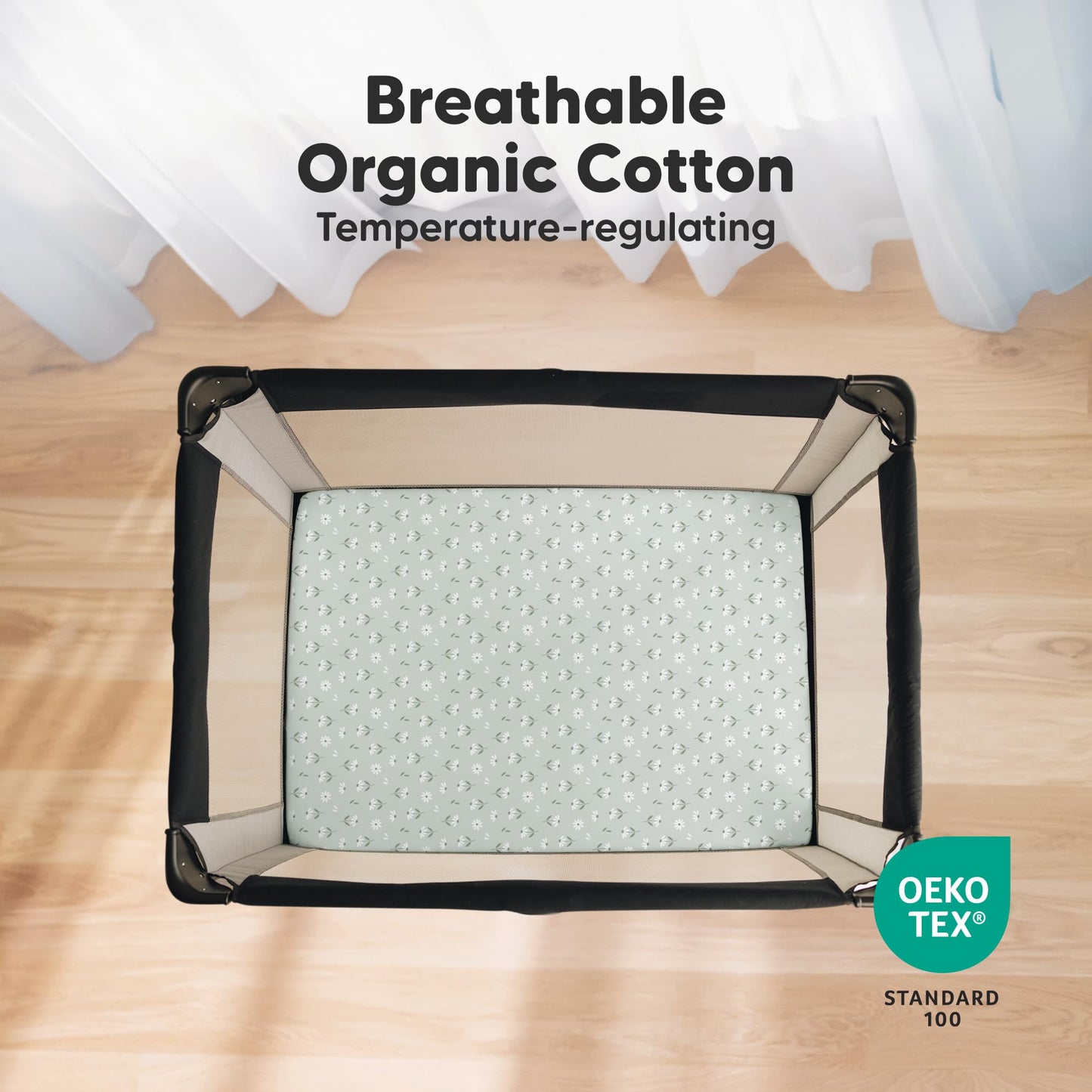 2-Pack Mini Crib Sheets Fitted - 38x26 Pack N Play Sheets for Pack and Play Mattress, Organic Cotton, Soft & Breathable Playard Bedding, Neutral Mini Toddler Bed Cover for Boys, Girls (Daisies)