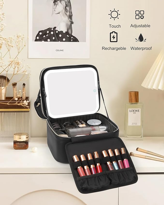 Chomeiu Makeup Bag with LED Mirror, 2 Layer Travel Makeup Case for Women and Makeup Artists Cosmetic Organizer Large Make Up Bags, 3 Color Lights, Adjustable Dividers and Brush Holder