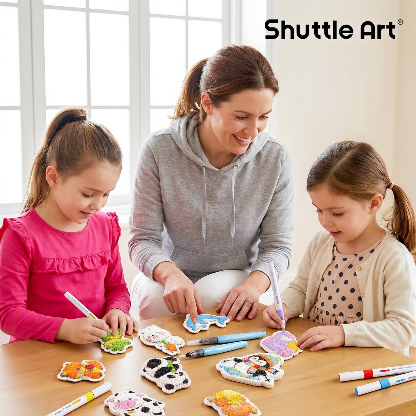 Shuttle Art 63 Pcs Magic Foam Texture Painting Kit – Animal Series: 15 Animal Foam Pieces, Coloring Book with 15 Scenes, 12 Acrylic Paint Markers, Magical 3D Effect DIY Art Craft
