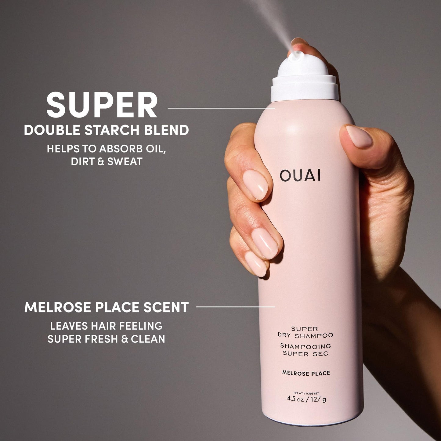 OUAI Super Dry Shampoo - Volumizing Dry Shampoo - Absorbs Oil, Dirt & Sweat - Blends Seamlessly into Hair with Zero Residue & Enriched with a Long-Lasting Scent - Melrose Place (4.5 oz)