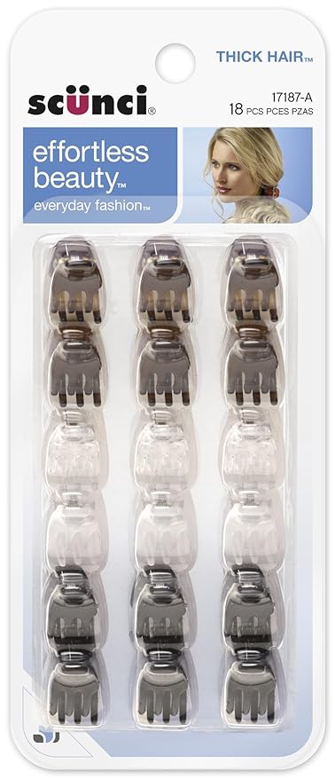 Scunci Effortless Beauty Thick Hair Mini Jaw Clips, 1 cm, (Pack of 18)