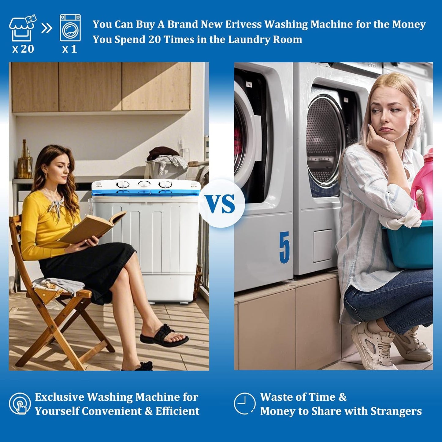 Erivess Portable Twin Tub 18lbs Washing Machine with Drying Rack, 11lbs Washer Mini Compact Laundry Machine with 7lbs Spinner, Semi-automatic Washer Combo for Dorms, Apartments