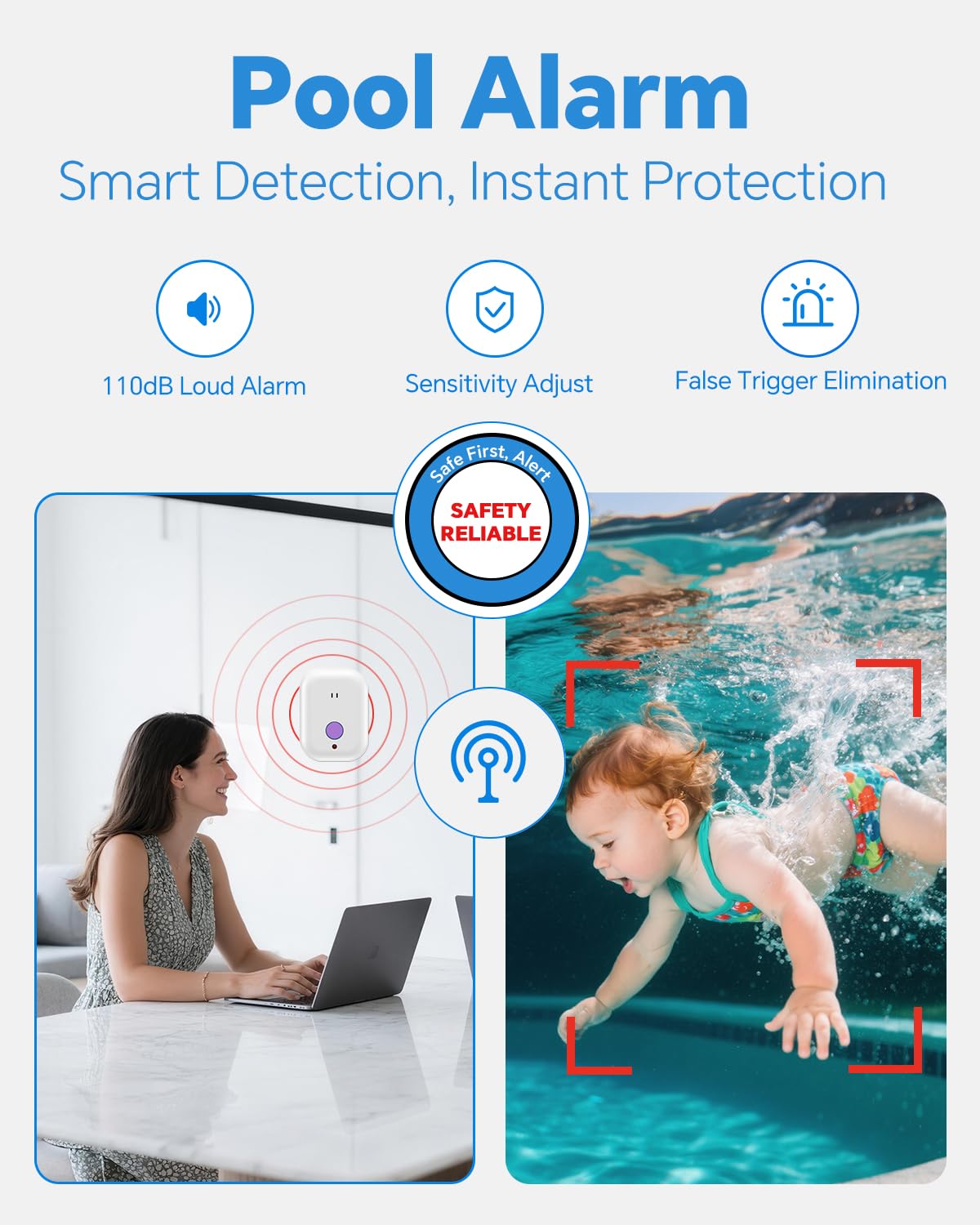 Pool Alarm, Floating Pool Safety Alarms for Inground & Above Ground Pools – Loud 110dB Alert, Adjustable Sensitivity, Protection for Kids & Pets (Blue+Black)
