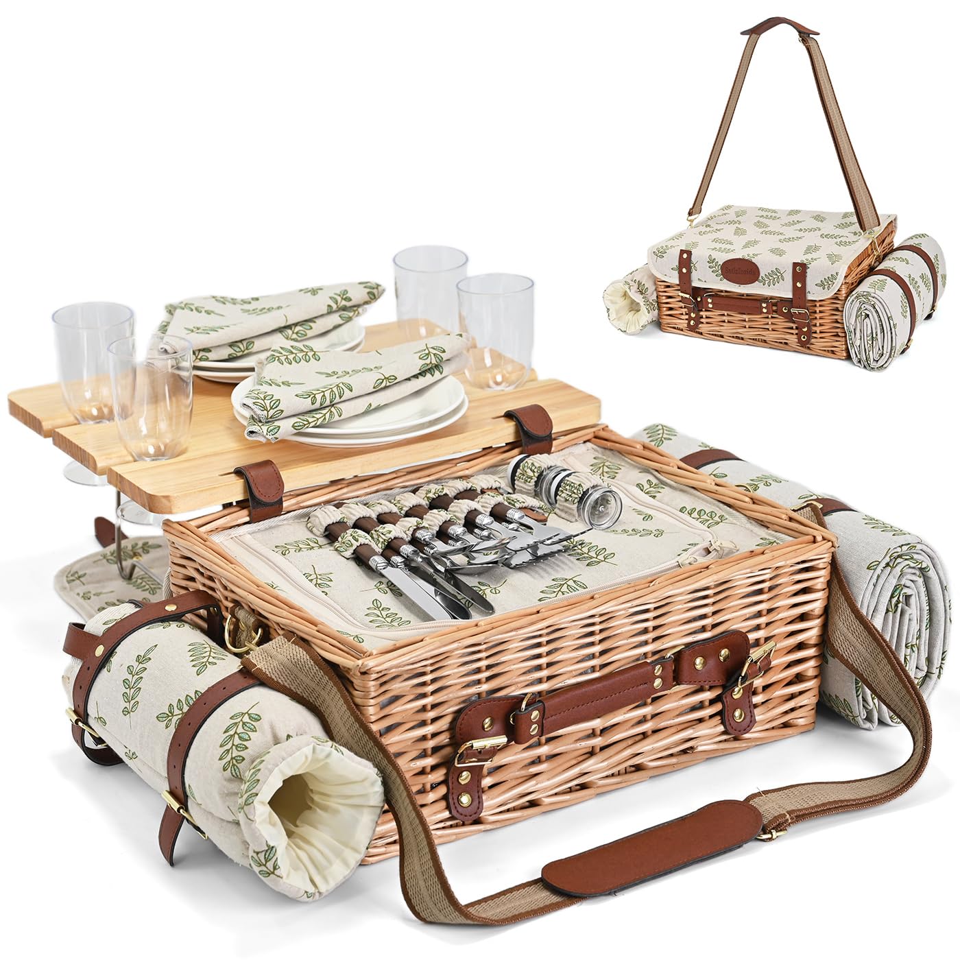 Multifunctional Wicker Picnic Basket Set for 4 with Blanket and Picnic Table, Insulated Picnic Set with Full Tablewares for Camping Outdoor Couples,Leaf