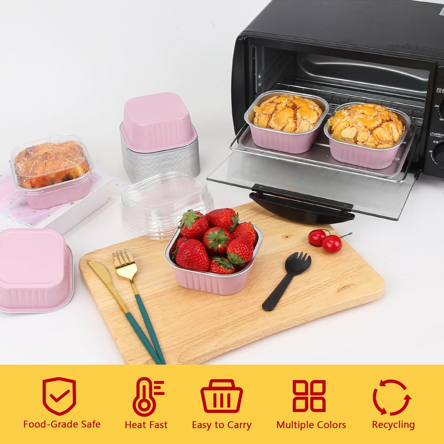 LNYZQUS 10oz Mini Cake Pans With Lids 40 Pack, Aluminum Foil Square Brownie Baking Cups,Disposable 4”x4” Large Cupcake Pan,Jumbo Muffin Tin Ramekins Holders-Pink