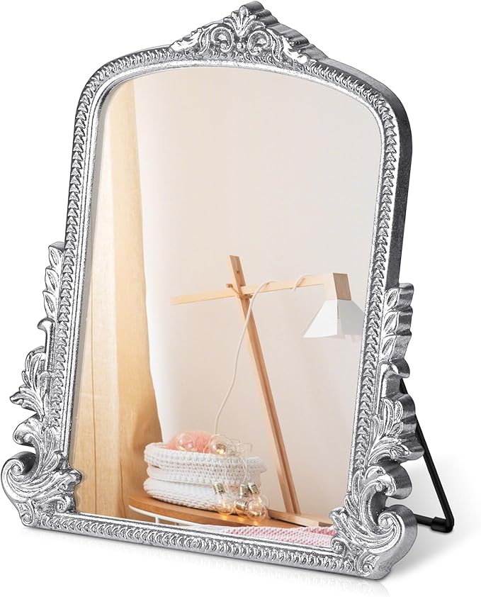 Vintage Makeup Mirror, Vanity Desk Mirror Antique Traditional Tabletop Mirrors, Standing, Hang or Wall Mounted, Adjustable Dress-up Mirrors, Silver Decor for Living Room,Bedroom