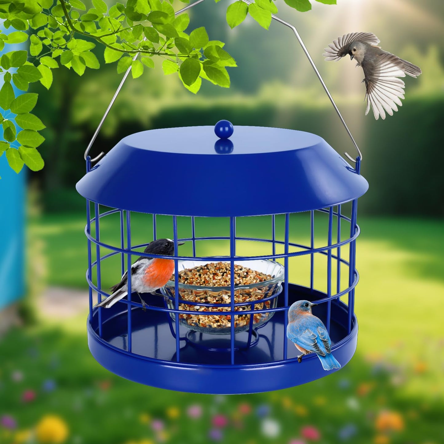 Gbekery Caged Bluebird Feeder for Mealworms with Glass Bowl, Squirrel Proof Bird Feeder for Small Birds Only, Detachable Hook, Large Space, Outdoors Weatherproof, Metal, Blue
