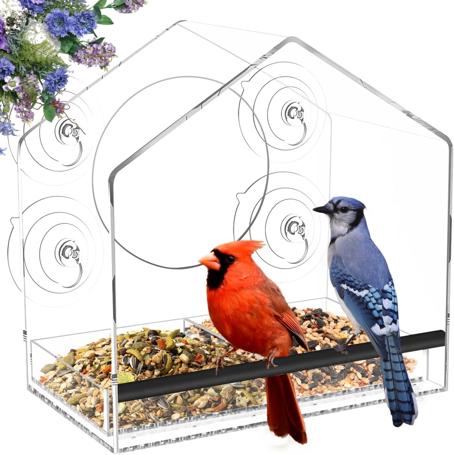 Jarkyfine Window Bird Feeder with 4 Extra Strong 2.36'' Suction Cups - 4.35' Extra Deep Removable Tray for Large Capacity, Clear Birdhouse for Outside Viewing, Gift for Cardinals, Finches & Bluebirds