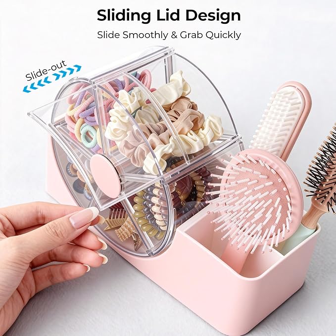 Hair Accessories Organizer for Girls, 2-Slot Hair Brush Holder & 5-Section Rotating Wheel, Cute Makeup Brush Holder for Hair Tile, Clip, Makeup Brush, Earring, Ring, Kids Vanity Accessories (Pink)