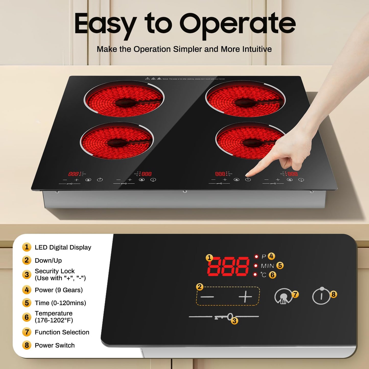 23 Inch Countertop Electric Cooktop 4 Burner,110V Plug in Electric Stovetop