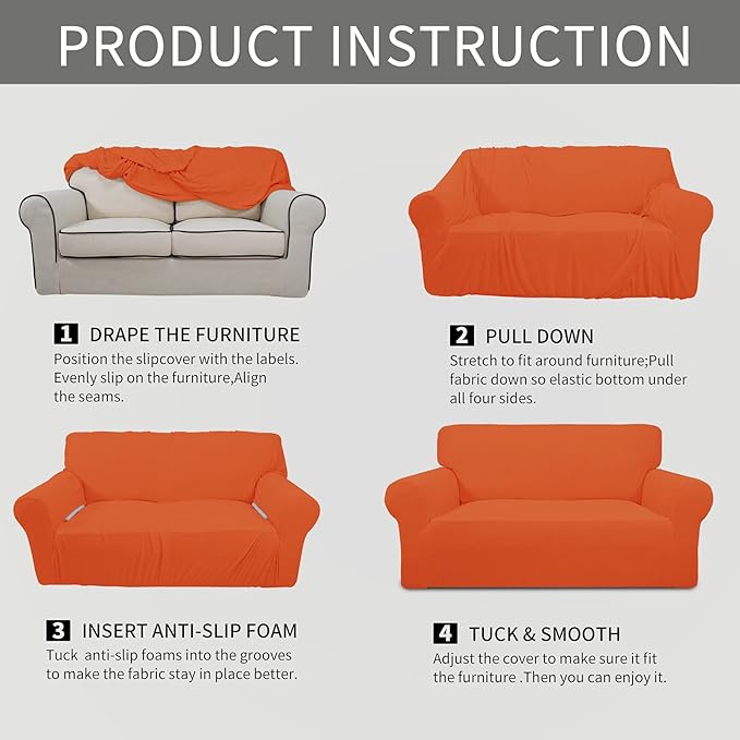 Easy-Going Stretch Oversized Sofa Slipcover 1-Piece Sofa Cover Furniture Protector Couch Soft with Elastic Bottom for Kids, Polyester Spandex Jacquard Fabric Small Checks Orange