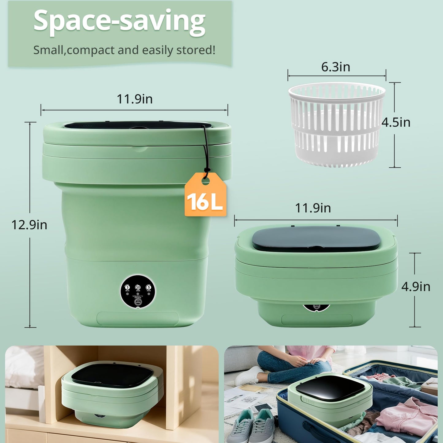 Portable Washing Machine, Mini Washer, 16L Upgraded with Spin Basket, Foldable Design Ideal for Apartment, Home and Hotel, portable washer 3 Cleaning Modes Suitable for Small Clothes