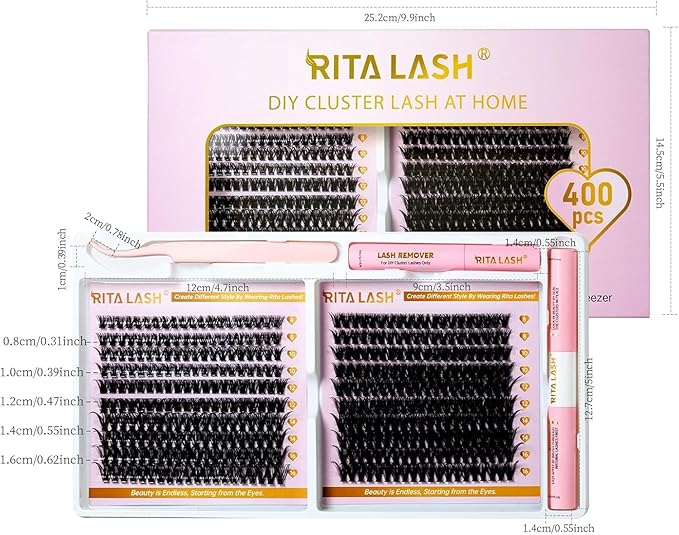 Lash Extension Kit DIY Lash Clusters Kit 400pcs Cluster Lashes Individual Lashes Eyelash Extension Kit with Lash Bond and Seal,Lash Remover,Lash Tweezers(50D+80D Cluster Kit,8-16mm)