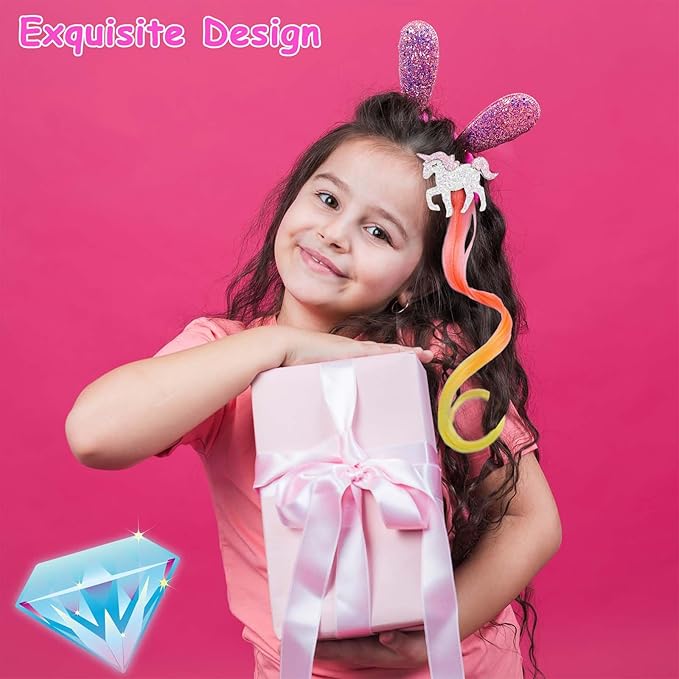 6 Pieces Unicorn Hair Clips for Girls, Bow Curly Rainbow Hair Extensions for Kids, Little Girl Hair Clips Accessories for Ponytails Princess Dress Up