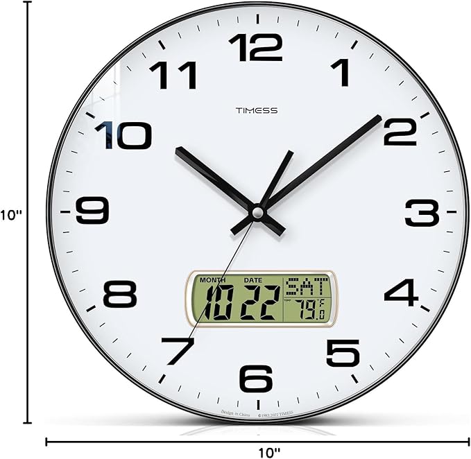 TIMESS Wall Clock, 10" Dial Non-Ticking Silent Battery Operated Analog with LCD Display for Perpetual Calendar and F° Temperature, Ideal Modern Home, Bedroom, Kitchen, Office Decor (Black)