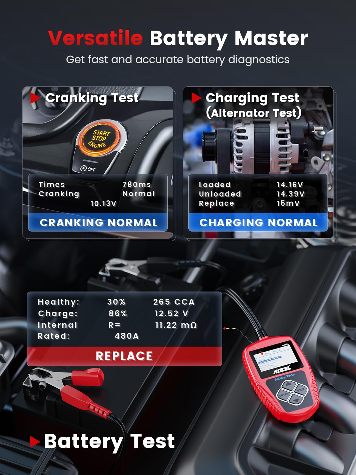 ANCEL BA101 Car Battery Tester, 12V Digital Automotive Alternator Meter Diagnostic Tool,100-2000 CCA Load Capacity, Charging & Cranking Analyzer for Truck, Boat, RV, Marine Vehicle, and More