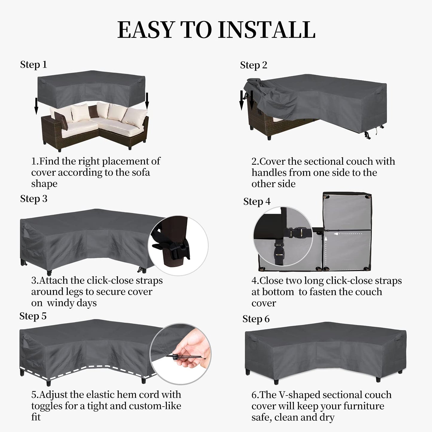 Easy-Going Patio V-Shaped Sectional Sofa Cover, Waterproof Outdoor Sectional Cover,Heavy Duty Garden Furniture Cover with Air Vent 100" L (on Each Side) x 33.5" D x 31" H, Dark Gray