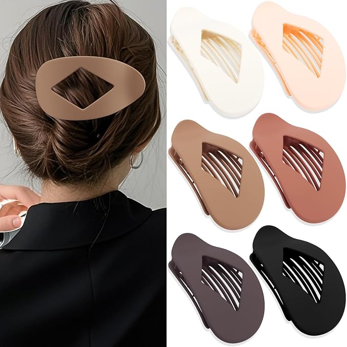 Large Flat Round Hair Clips Oval Claw Clips for Thick Medium Thin Hair 6Pcs Non Slip Strong Hold Barrettes Duckbill Accessories for Women Girls Matte Solid Neutral Color