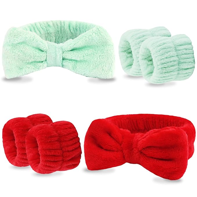 VELSCRUN Spa Headband, Makeup Face Wash Skincare Headbands, Bow Hair Band Party Favors for Washing Face, Stocking Stuffers For Women Teen Girls Christmas Gifts Hair Accessories Red Green