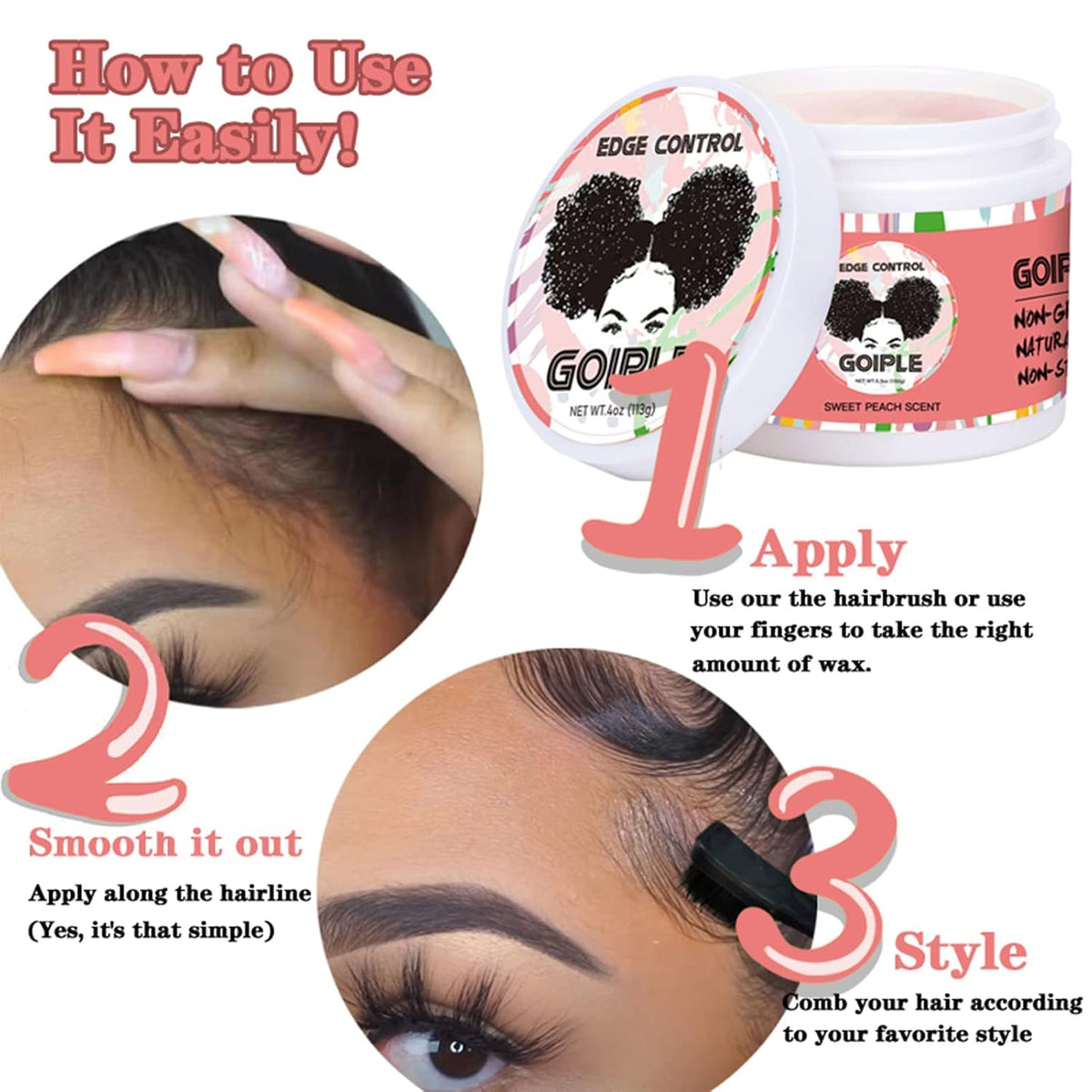 Edge Control Wax for Women Strong Hold Non-greasy Edge Control Smoother Edge Wax, Edge Wax Styling Gel Edge Control for Black Hair No Flaking, White Residue, Shine and Smooth 4oz (Sweet Peach)