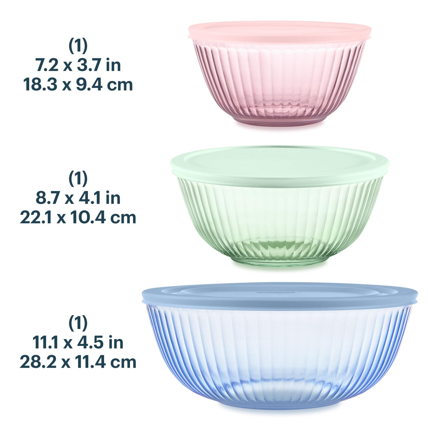 Pyrex Colors Tinted (3-Pack, Full Set) Sculpted Tinted Glass Mixing Bowls With Lids, Nesting Space Saving Set of Bowls For Prepping and Baking, 1.3QT, 2.3QT & 4.5Q, Blue