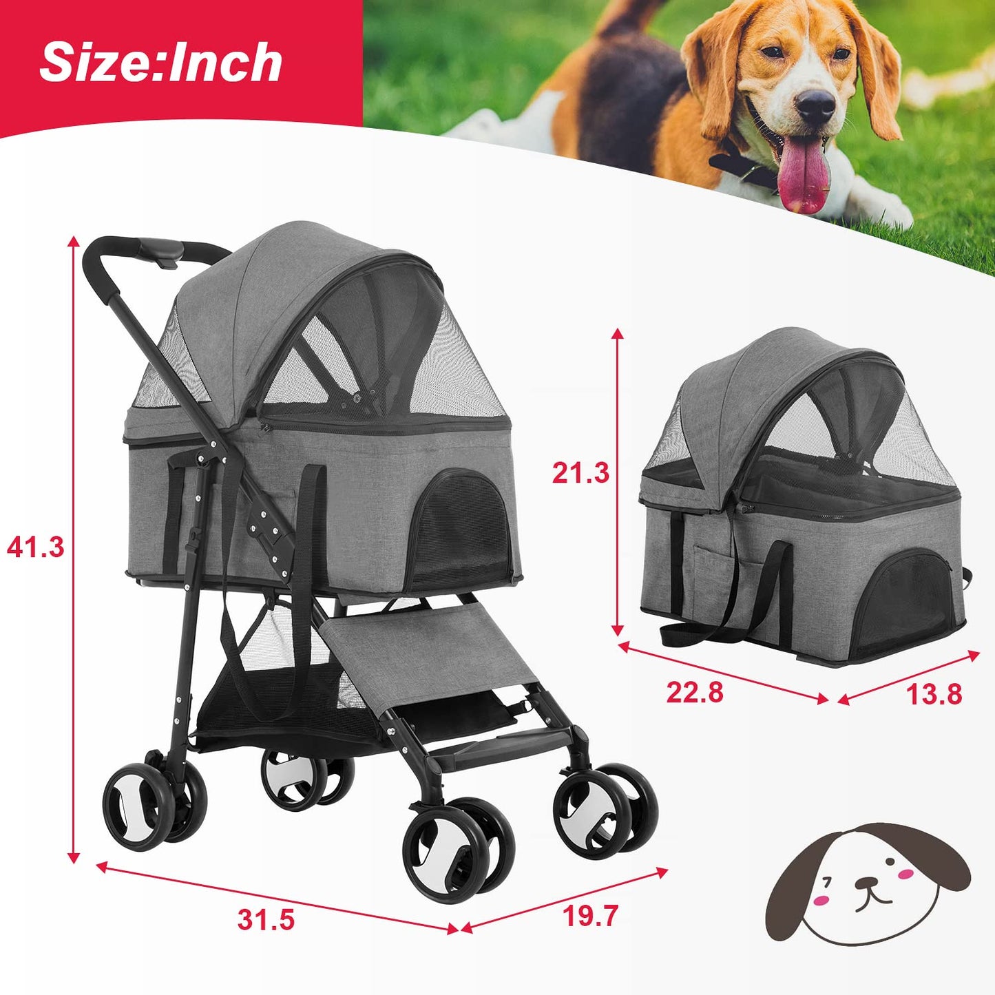 BestPet Pet Stroller Premium 3-in-1 Multifunction Dog Cat Jogger Stroller for Medium Small Dogs Cats with Folding Lightweight Travel & Detachable Carrier,Grey