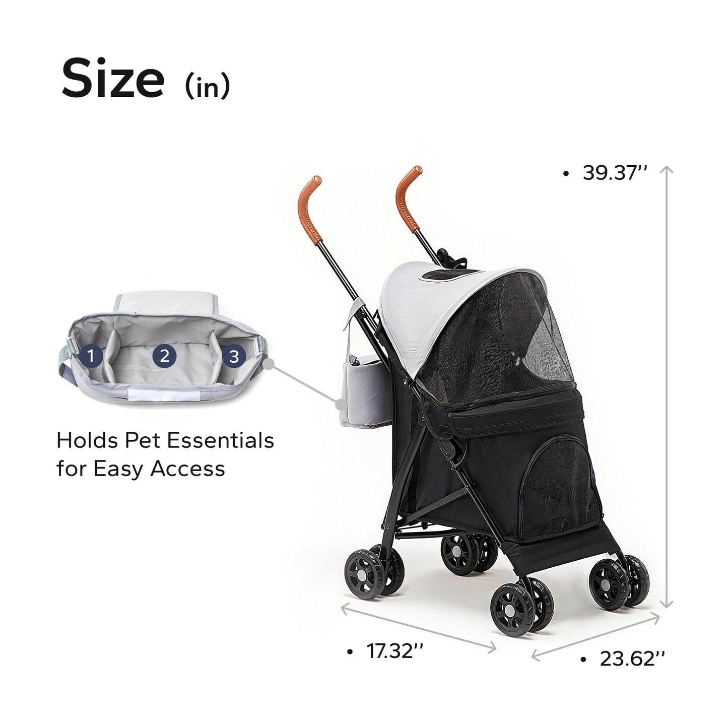 TerraPede 10lbs Ultra-Lightweight Pet Stroller - Compact Folding Umbrella Stroller with Durable Shoulder Strap, 3-Compartment Organizer & Cup Holder - Portable Dog Cat Travel Carriage, Dark Gray
