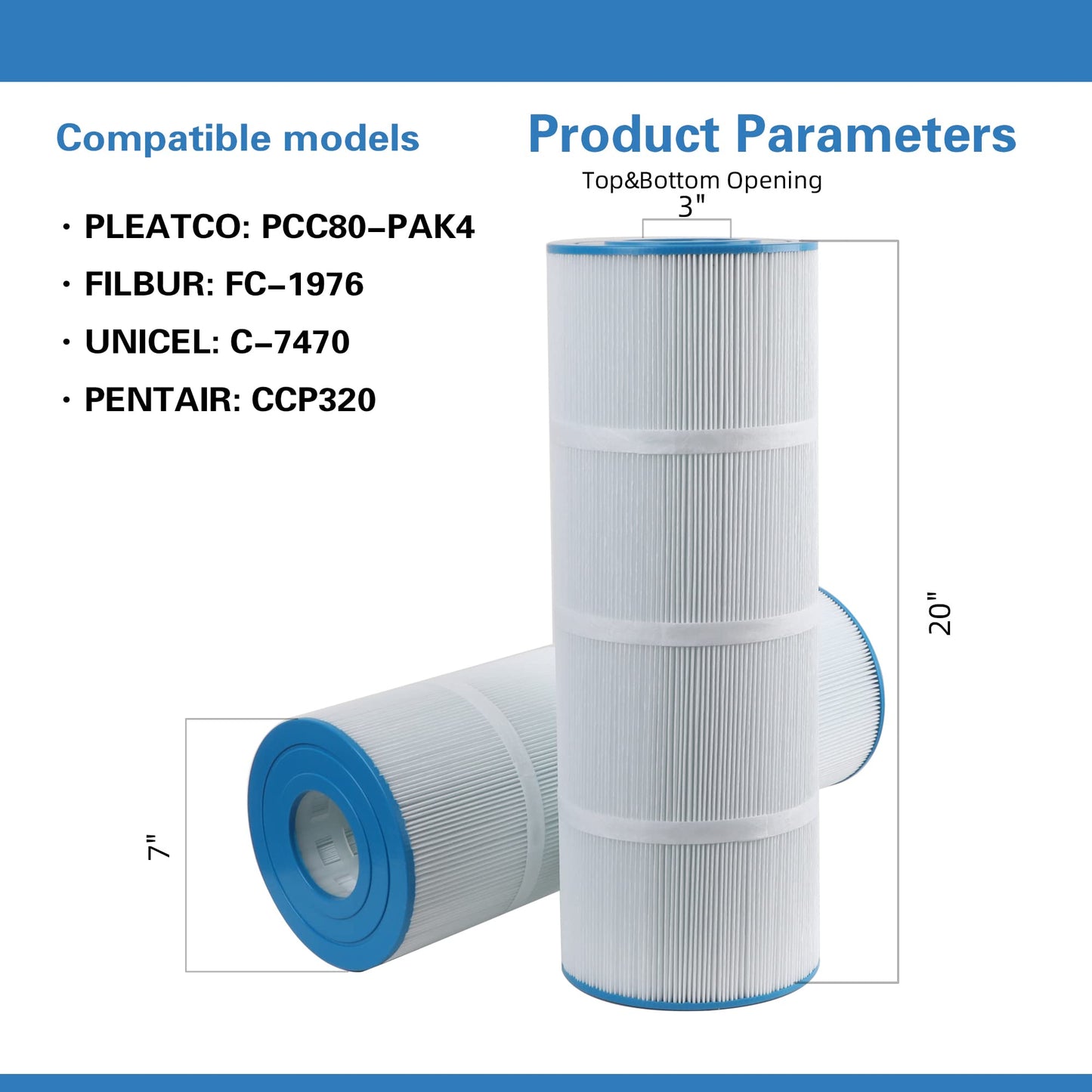 AmiBron C-7470 Pool Filter Cartridge Replaces Pentair CCP320,Pleatco PCC80-PAK4 PCC80,Clean and Clear Plus 320,Filbur FC-1976,R173573,178580, L:20" xOD:7", 4X80 sq.ft. 4 Pack