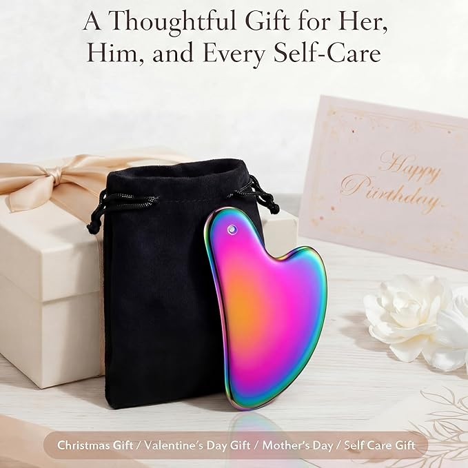Nuanchu Stainless Steel Gua Sha Facial Tools Metal Guasha Tool for Face Body Jawline Shaper, Double Chin Reducer, Puffiness Reducing, Lymphatic Drainage Massager Skin Care Gift with Pouch(Rainbow)