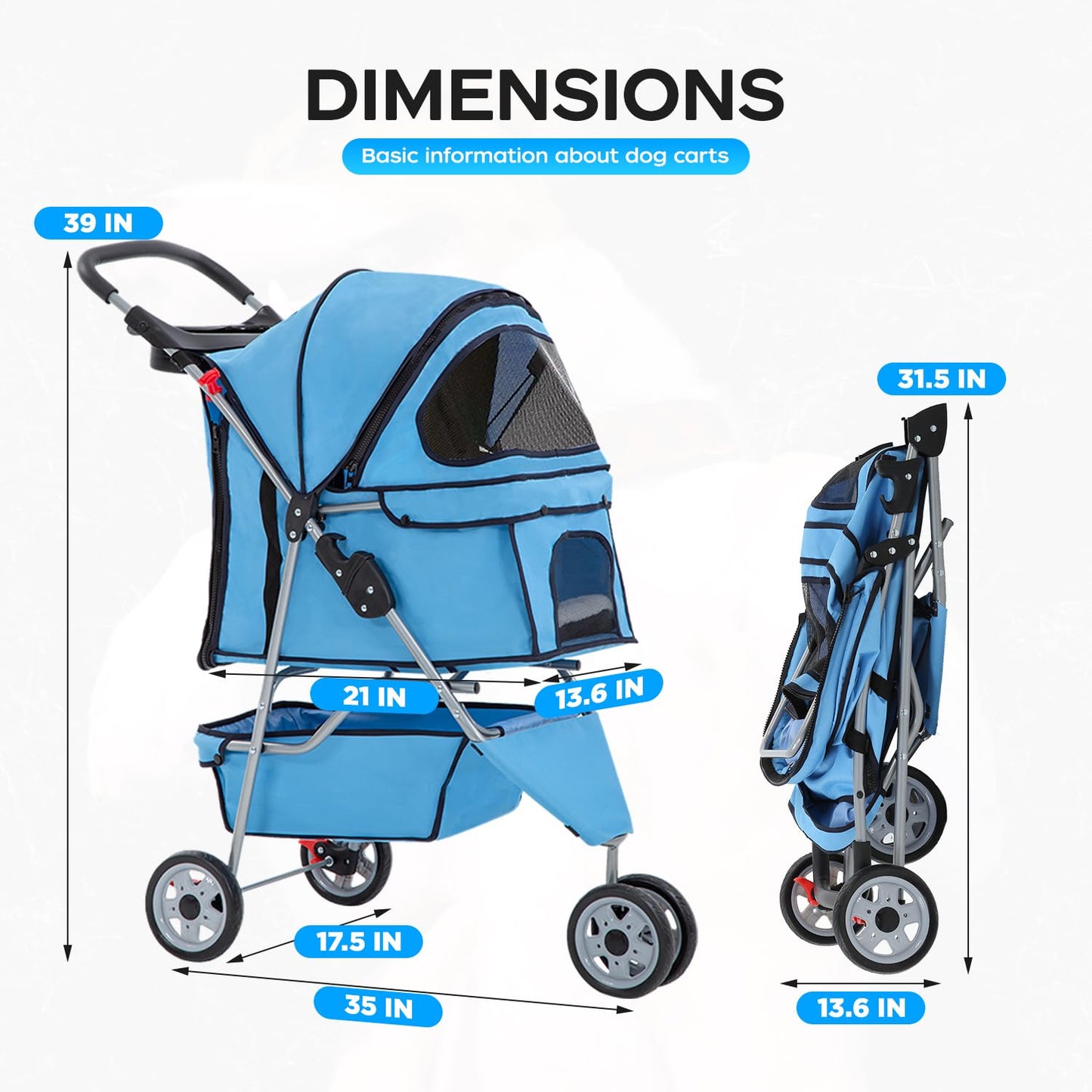 BestOffice Pet Stroller for Small Medium Dogs & Cats, 3-Wheel Foldable Dog Stroller with Cup Holder, Lightweight Travel Carrier, Waterproof Design for Outdoor Walks, Blue