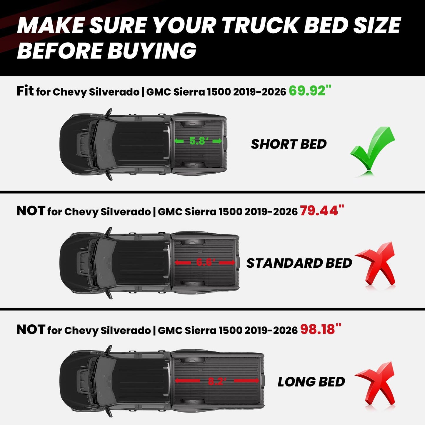LASFIT Truck Bed Mat 2019-2026 for Chevrolet Chevy Silverado 1500 | GMC Sierra 1500 (Only Fit 5.8FT Bed), Bed Liner for Chevy Silverado GMC Sierra 1500, Not Fit Optional CarbonPro Bed
