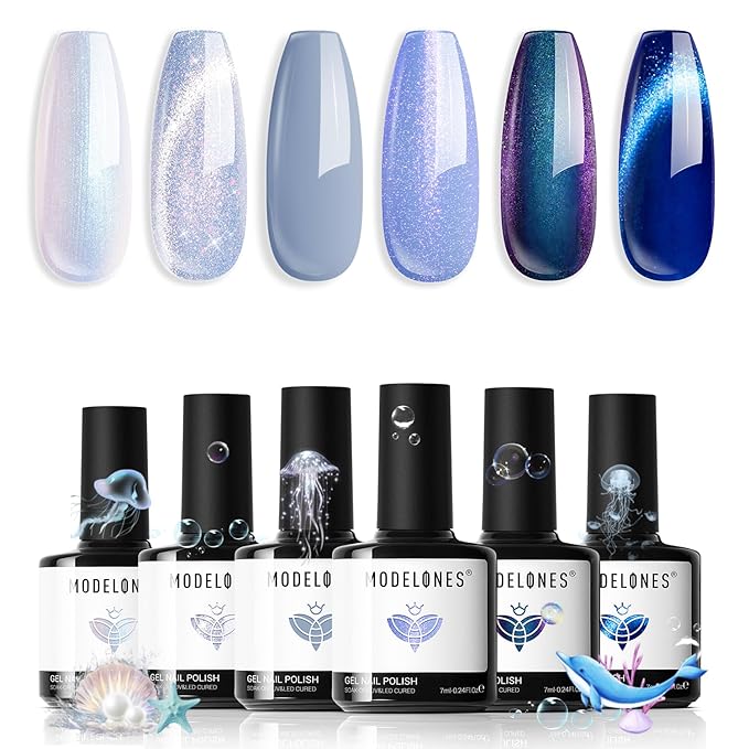 modelones Gel Nail Polish Set, 6 Colors Winter Icy Blue Collection Glitter Gel Polish Galaxy White Dark Blue 9D Cat Eye Nail Polish with Magnet Soak Off Led Nail Art Kit Salon DIY Gift