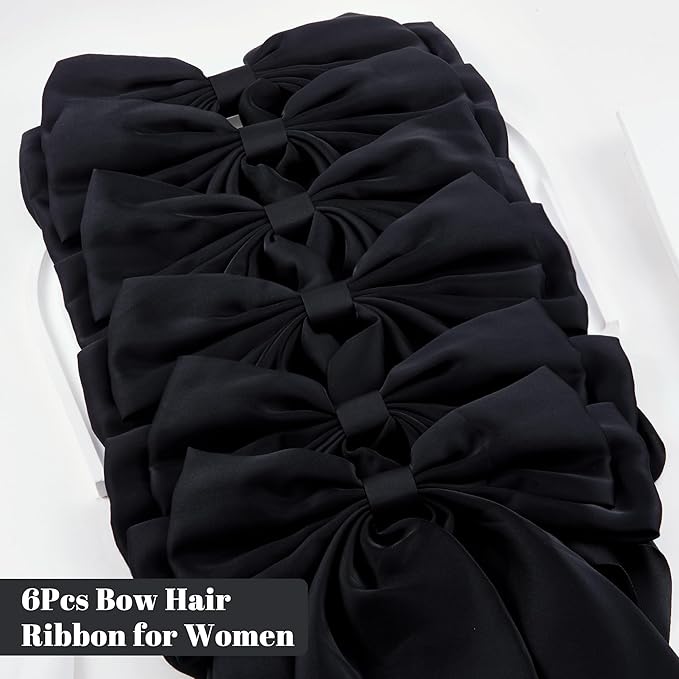 6Pcs Large Bows Hair Clips for Women Girls Long Tail Hair Ribbon Silky Satin Barrettes Coquette Hair Bows Accessories (Black)