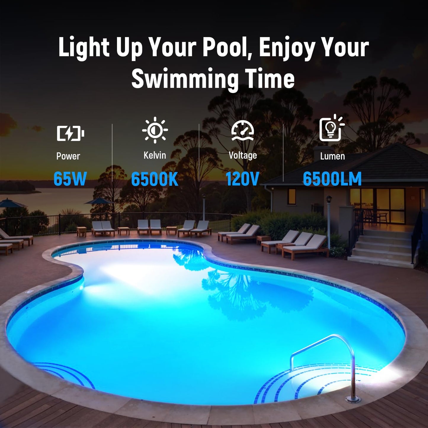 HYMIOR LED Pool Light for Inground Pool 120V 65W PRO, White Light 6500K with 6500lm High Brightness, Replace 300-800W Halogen Light