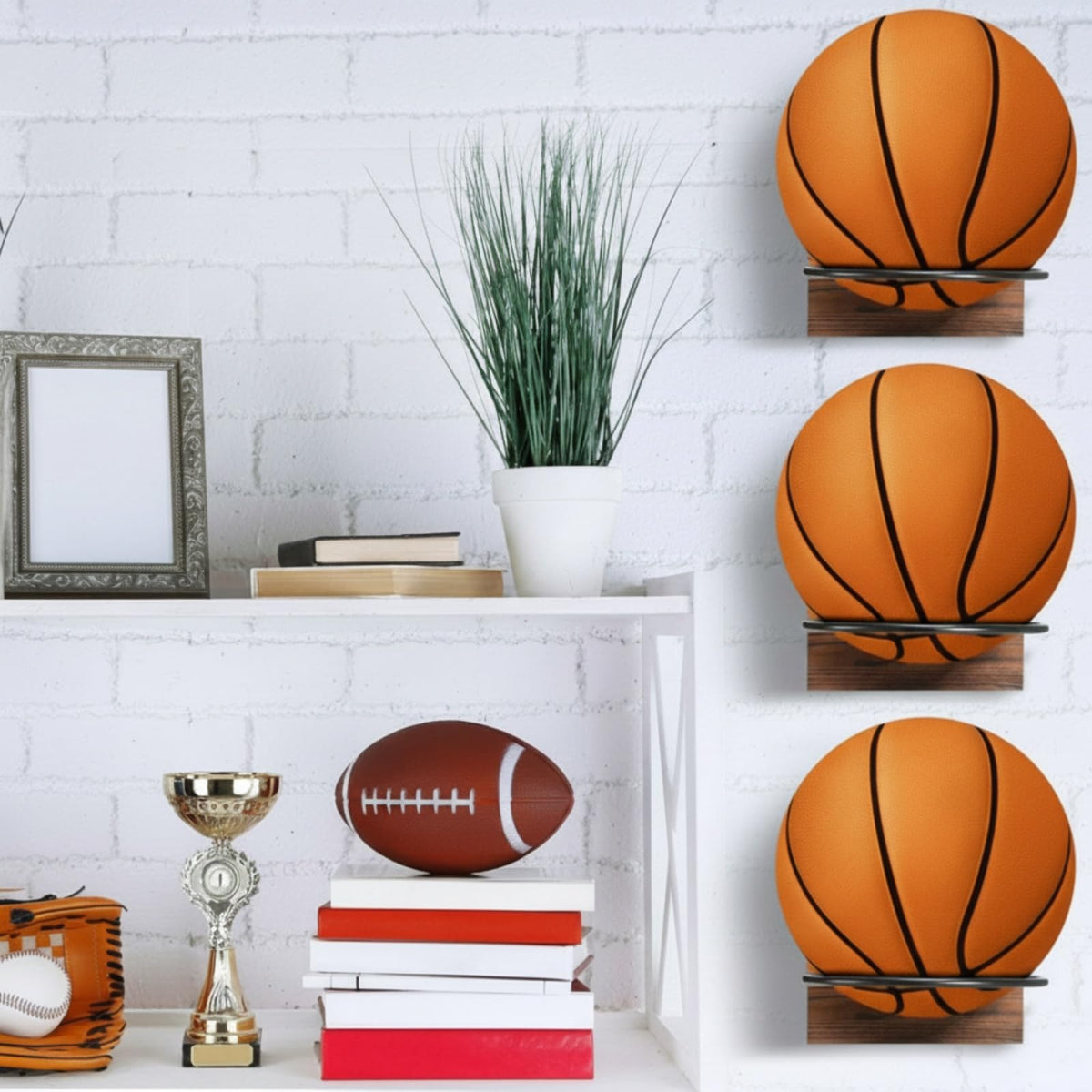 Threan 6 Pcs Ball Holder Wall Mount Ball Stand Display Storage with Wooden Base for Basketball Football Soccer Volleyball, Sports Accessories Organizer for Player Fans