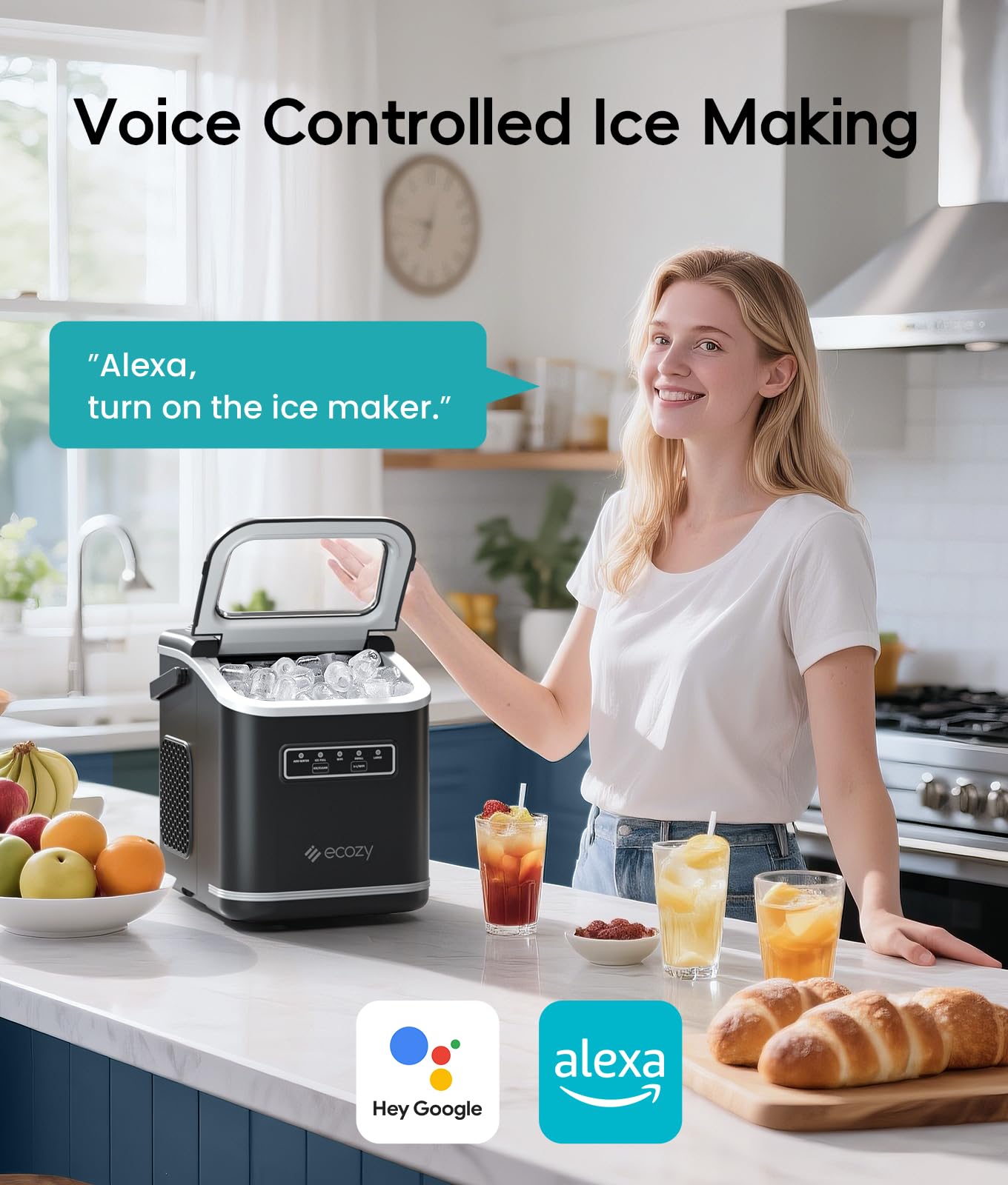 ecozy 2.1" Clear Ice Ball Maker with CrystalFlux Technology, Minimal Footprint Sphere Ice Maker with 8H Timer, 1 pc in 30 Mins, 48 pcs/Day, Self-Cleaning for Home Bar Whiskey & Bourbon