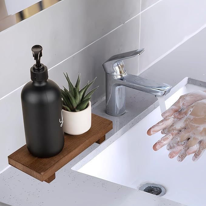 zoocatia Small Wood Tray Pedestal Stand Farmhouse Bathroom Decor Decorative Wooden Riser Kitchen Soap Dish Holder for Vanity, Counter, Sink, Walnut