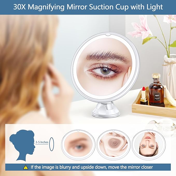 Magnifying Mirror with Light 30X, Lighted Makeup Mirror 30X for Precision Makeup, 3 Color Modes and Adjustable Brightness, 360° Swivel Magnifying Mirrors Suction Cup for Bathroom 8 Inches