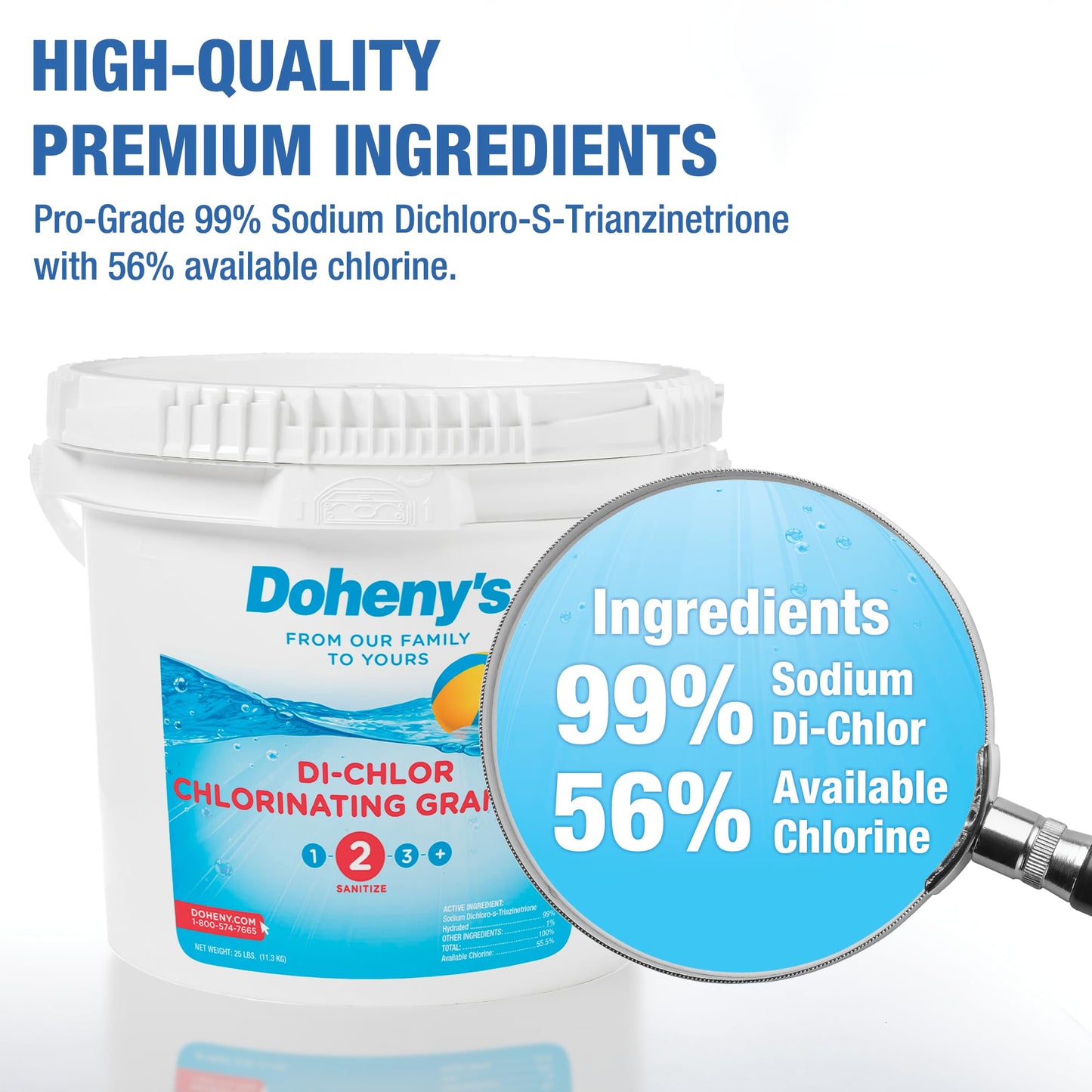 Doheny's Di-Chlor Granular Chlorine | Pro-Grade 3-in-1 Pool Sanitizer, Shock & Algaecide | Fast-Dissolving, Calcium-Free, No Residue | 99.5% Sodium Dichlor with 56% Stabilized Chlorine | 10lb Bucket