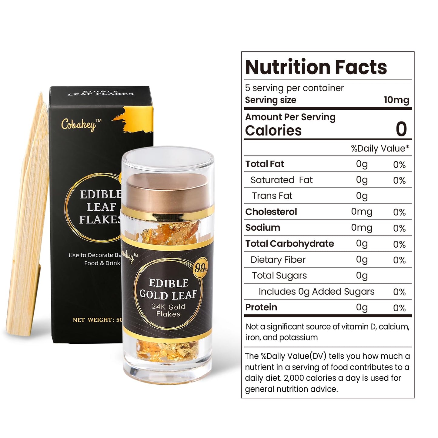 Cobakey Genuine Edible Gold Leaf Flakes - 50mg Edible Gold Flakes for Cake Decoration (Cupcake, Chocolate, Steak, Drink & Cooking), PureGold Leaf with Edible Glitter & Wooden Tweezers