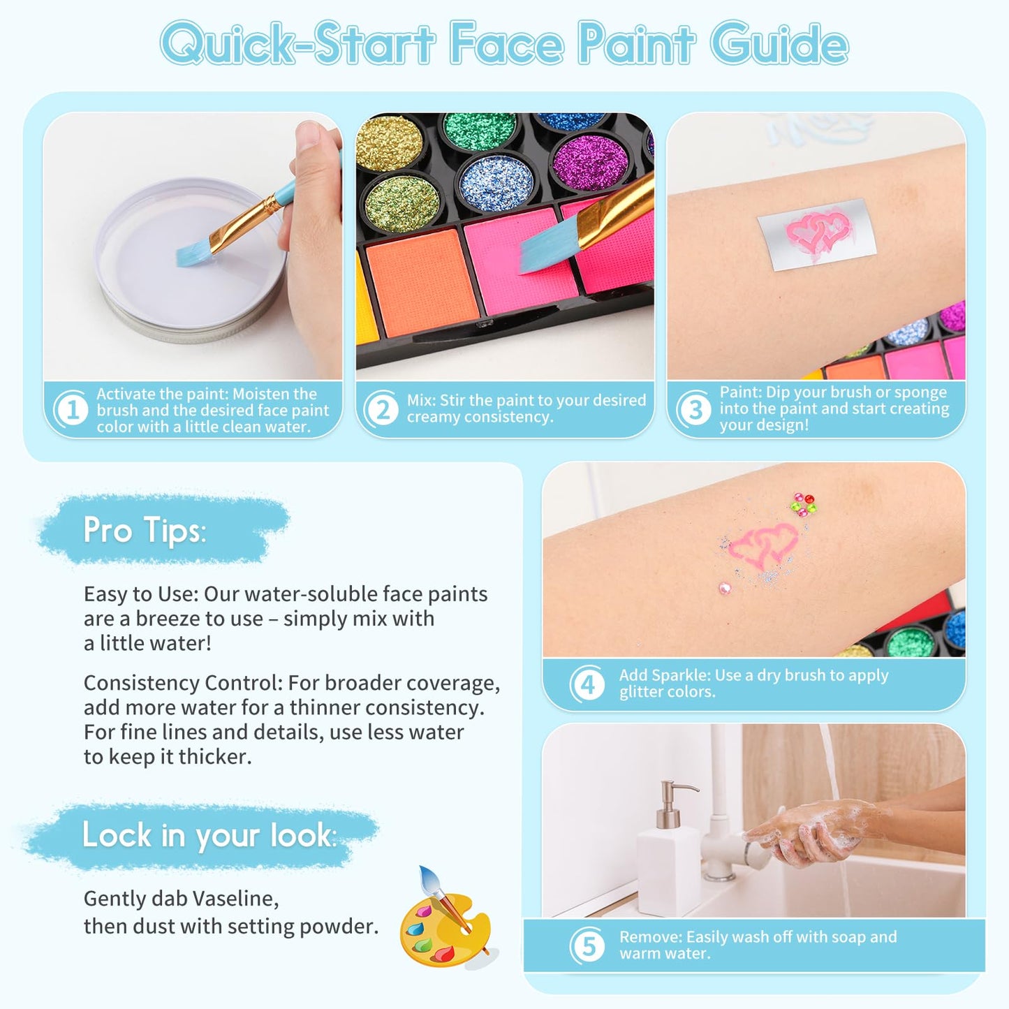 Pintada 42 Color Face Painting Kit for Party - Non Toxic Water Activated Face Paint Palette With Stencils, Brush, Gems. For Carnival, Halloween, Costume Makeup and Festivals & Events