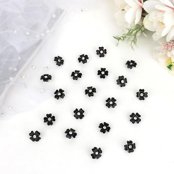 YISSION 20 Pcs Mini Black Flower Hair Clips with Rhinestone Cute Hair Pins Decorative Hair Clips Wedding Hair Barrettes Bridal Hair Accessories for Girls Women