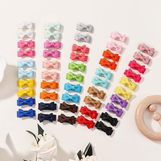 yoyokid 50PCS Baby Girls Snap Hair Clips, 1.2" Grosgrain Ribbon Tiny Hair Bows Clips for Baby Girls Toddlers Infant Fine Thin Hair (25 Colors in Pairs)