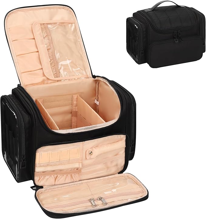 Large Makeup Bag with Jewelry Organizer, Travel Toiletry Bag for Women Girls with Makeup Brush Compartment & Two Side Pockets - XL Black