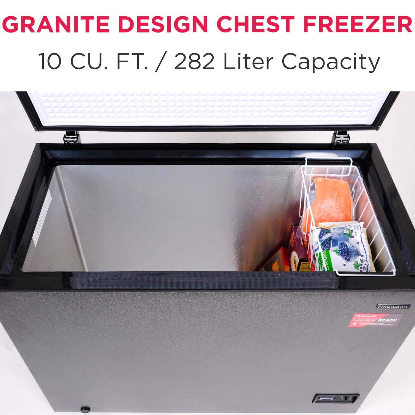 Frigidaire Chest Deep Freezer, 10 Cu. Ft. Capacity, Granita Rugged Design-Adjustable Thermostat-Removable Vinyl Coated Wire Basket-Easy Defrost Drain