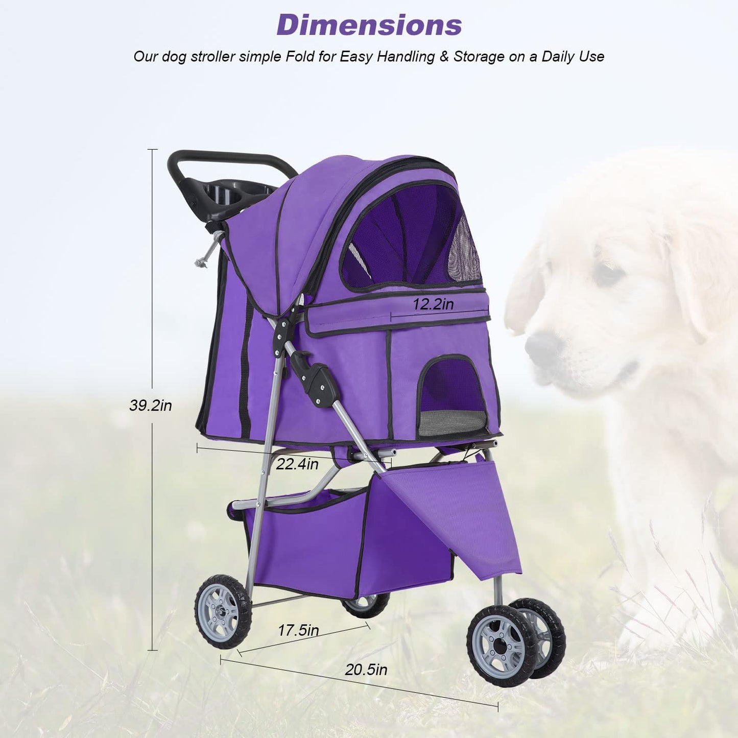 BestPet 3 Wheels Pet Stroller Dog Cat Cage Jogger Stroller Waterproof Puppy Travel Folding Carrier with Cup Holder,Purple