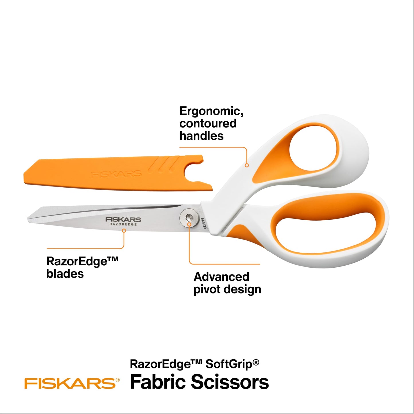 Fiskars RazorEdge Fabric Scissors, Heavy Duty Fabric Shears, Ultra-Sharp Stainless Steel Blades & SoftGrip Ergonomic Handle, 8”, White/Orange