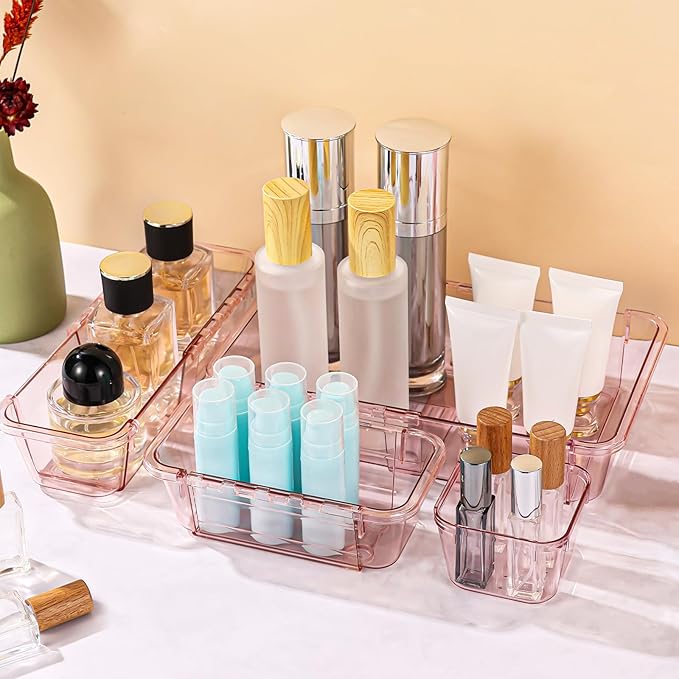 14 Pcs Clear Drawer Organizer, Adjustable Drawer Storage Box, 3-Size Desk Drawer Organizer, Acrylic Storage Bins for Makeup, Kitchen Utensils, Bedroom Dressers Tool Organizer for Gadgets, Pink