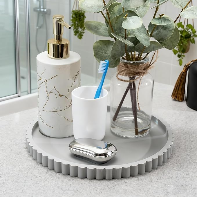 HighHerz Silicone Bathroom Countertop and Vanity Tray-10 Inch Round Silicone Bathroom Tray, Modern Bathroom Decor, Coffee Table Decor, Decorative Tray for Candle, Perfume, Plants (Grey)