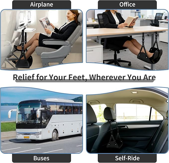 Airplane Foot Hammock for Flight, Adjustable Foot Rest Under Desk, Portable Wide Foot Support for Long Trips & Office, Travel Essentials, Best Airplane Gadgets & Travel Gifts (2 PC)